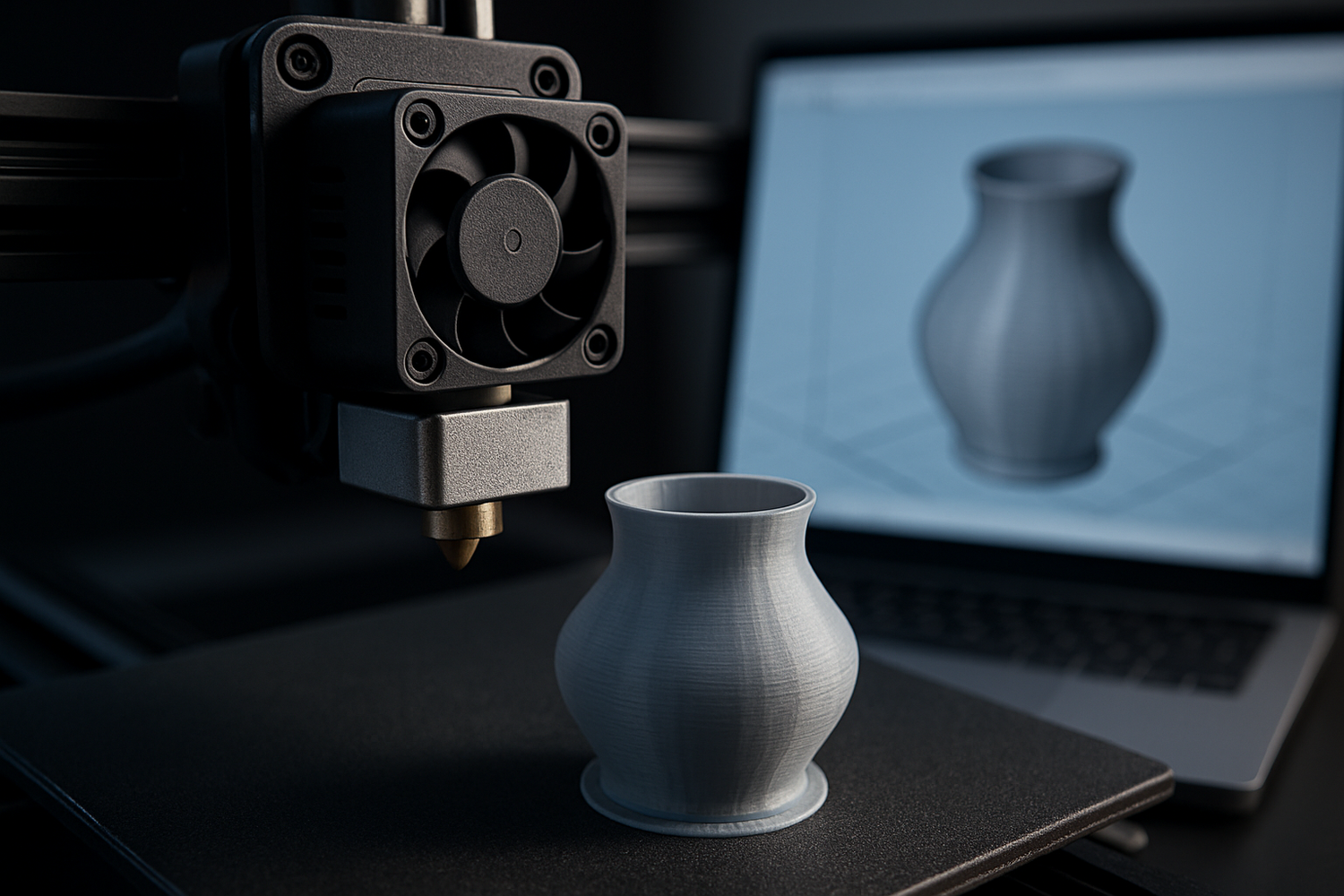 Zeige anstatt den Drucker, nur das Hotend neben dem 3D Objekt auf dem Druckbett.